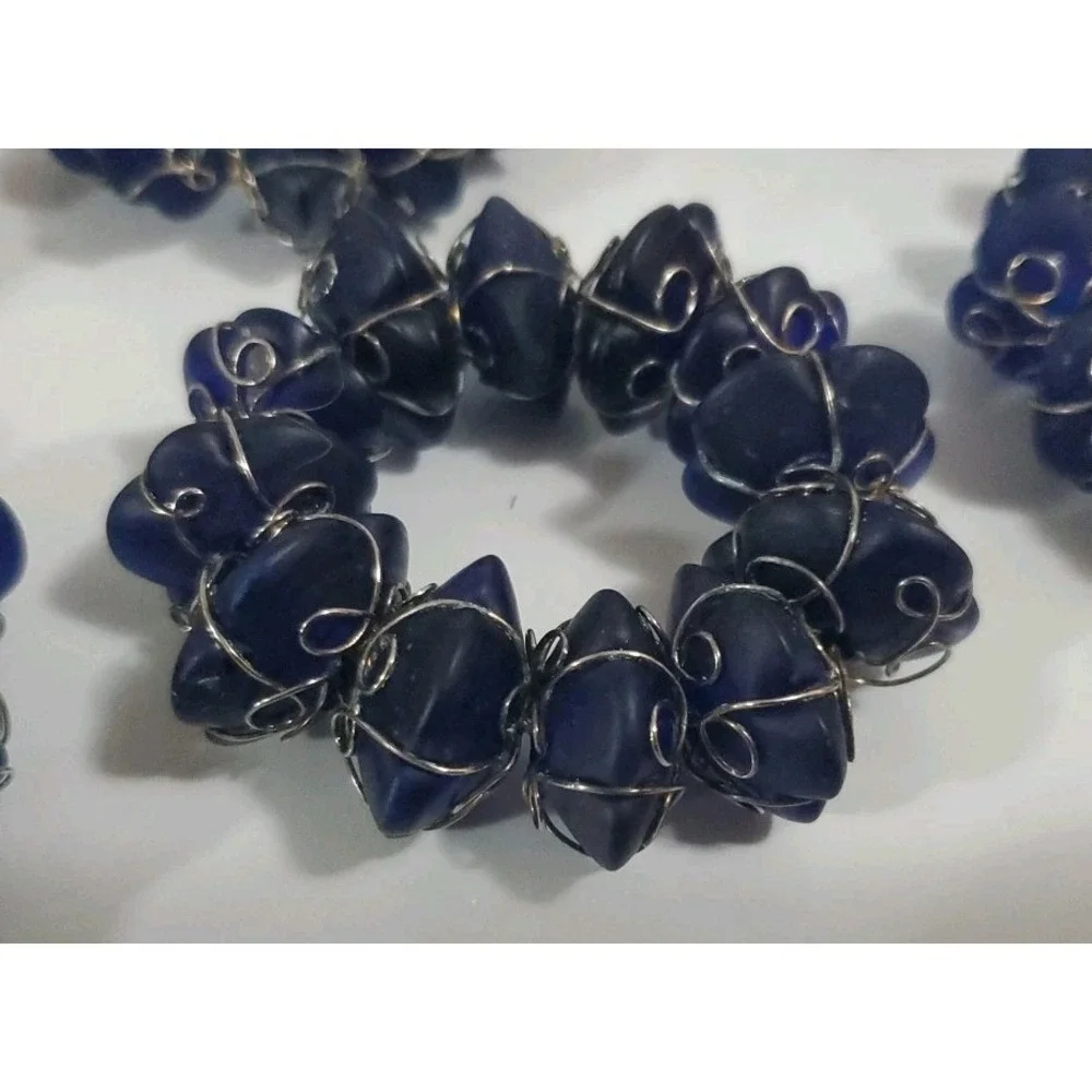 Vintage‎ Blue Stone and Wire Napkin Rings set of 6 Abstract Bohemian Summer Fall